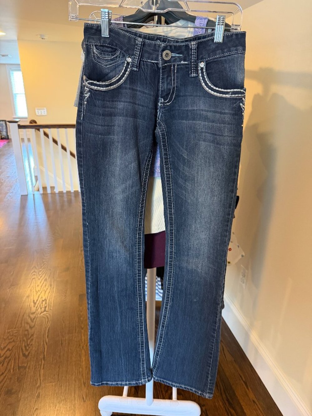 Y2K Dark Wash Bootcut Jeans White Contrast Stitching Size 1